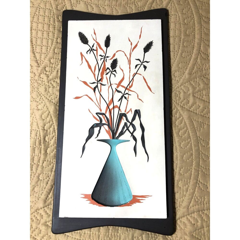 Vintage 60s Richter ArtCraft Chalkware Wall Plaque MCM Atomic Vase Kitsch 18x9 M